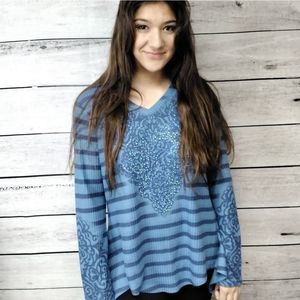 One World Tunic Top Knit Blue Rhinestone Sparkle Sz XS Boho Sparkle Cottagecore